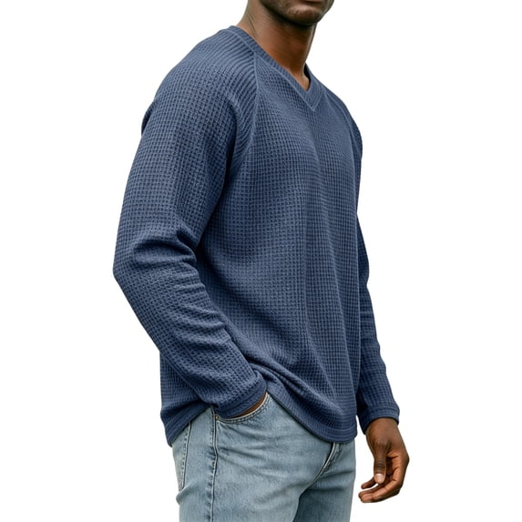 Dwellite Men Casual V Neck Sweater Ribbed Knit Slim Fit Waffle Long Sleeve Pullover Top Blue L