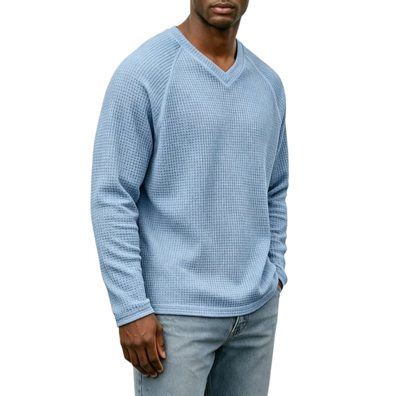 Dwellite Men Casual V Neck Sweater Ribbed Knit Slim Fit Waffle Long Sleeve Pullover Top Light Blue 2XL