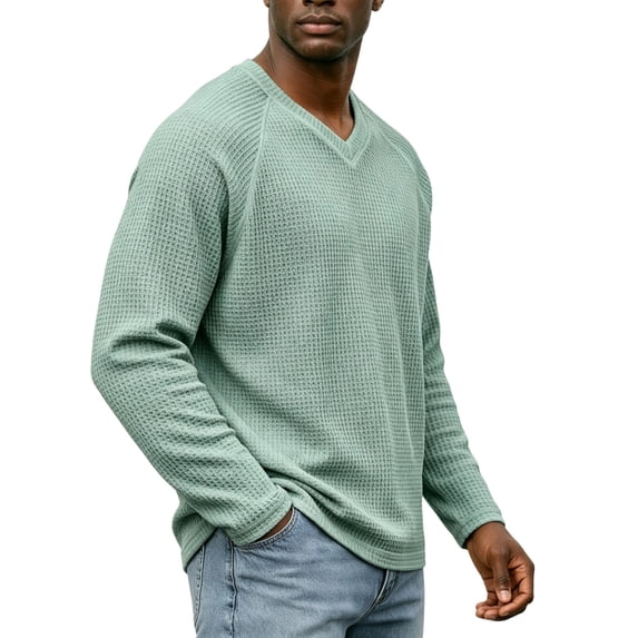 Dwellite Men Casual V Neck Sweater Ribbed Knit Slim Fit Waffle Long Sleeve Pullover Top Mint Green M