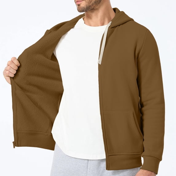 Dwellite Men Full Zip Hoodie Fleece Zipper Sweatshirt Casual Hooded Jacket Lightweight Fleece Lined Hood for Fall Winter Casual Coffee 2XL