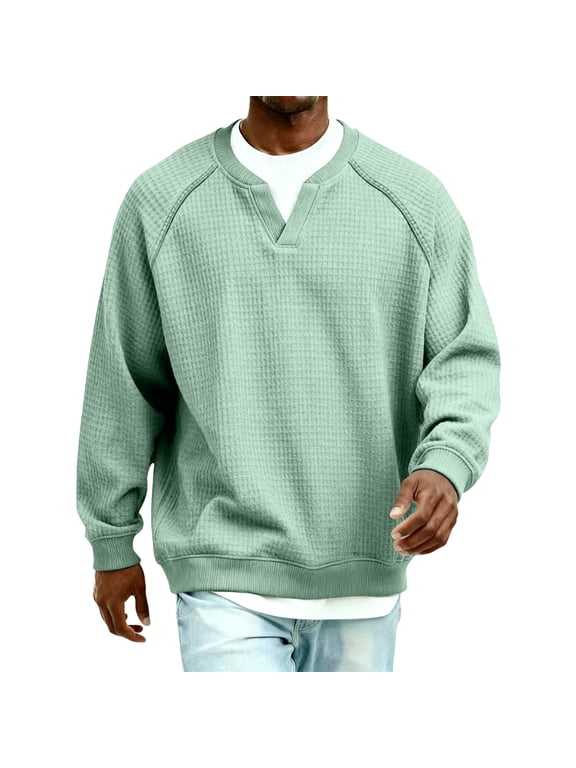 Men Waffle Knit V Neck Shirt Long Sleeve Fasion Oversize Running Tee Business Casual Spring Clothes Light Green 4XL
