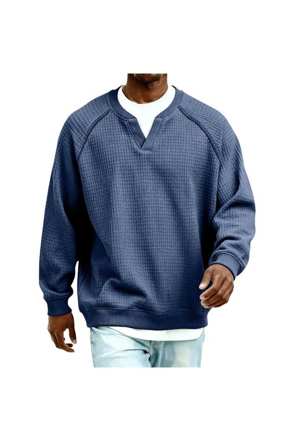 Men Waffle Knit V Neck Shirt Long Sleeve Fasion Oversize Running Tee Business Casual Spring Clothes Navy 4XL