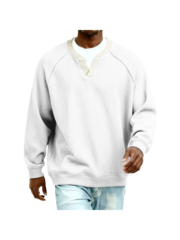 Men Waffle Knit V Neck Shirt Long Sleeve Fasion Oversize Running Tee Business Casual Spring Clothes White L