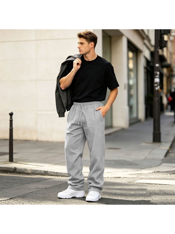 Men's Cargo Sweatpants Plus Size Wide Leg Athletic Pants Hiking Oversized Leg Baggy Loose Fit Pull on Lightweight Joggers Pants Light Gray S