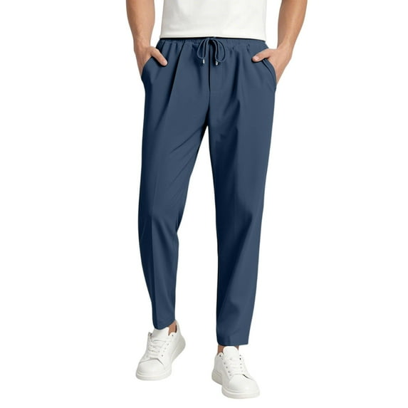 Dwellite Men's Casual Pants Fit Elastic Waist Drawstring Twill Pants Straight Leg Pants with Pocket Navy S