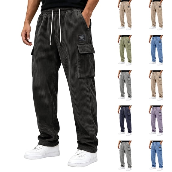 Dwellite Men's Corduroy Pants Wide Leg Baggy Cargo Sweatpants Loose Fit Casual Trousers with Multi Pocket Black L