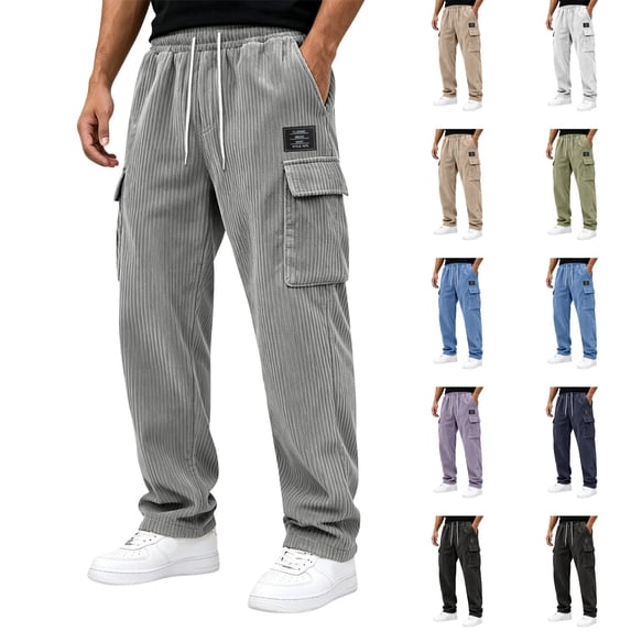 Dwellite Men's Corduroy Pants Wide Leg Baggy Cargo Sweatpants Loose Fit Casual Trousers with Multi Pocket Gray M