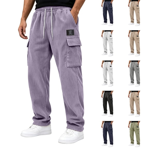 Dwellite Men's Corduroy Pants Wide Leg Baggy Cargo Sweatpants Loose Fit Casual Trousers with Multi Pocket Light Purple XL