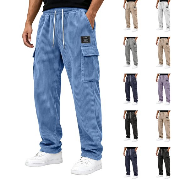 Dwellite Men's Corduroy Pants Wide Leg Baggy Cargo Sweatpants Loose Fit Casual Trousers with Multi Pocket Sky Blue XL