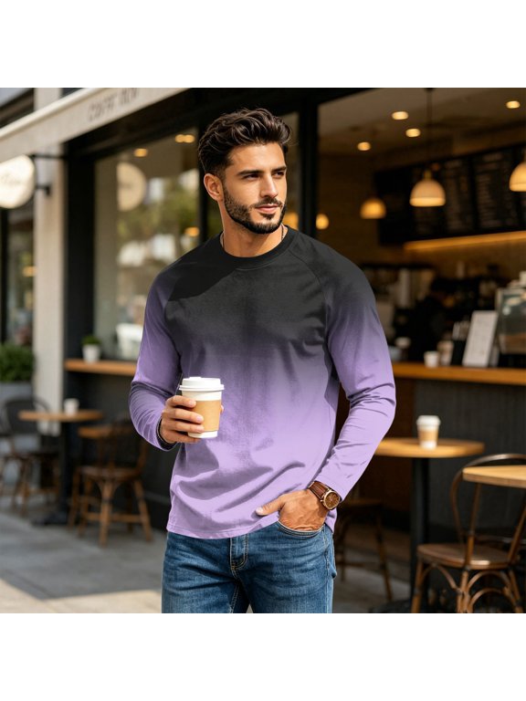 Men's Crewneck Long Sleeve T-Shirt Casual Cotton Jersey Fit Breathable Gradient Casual Sport Shirt Purple L