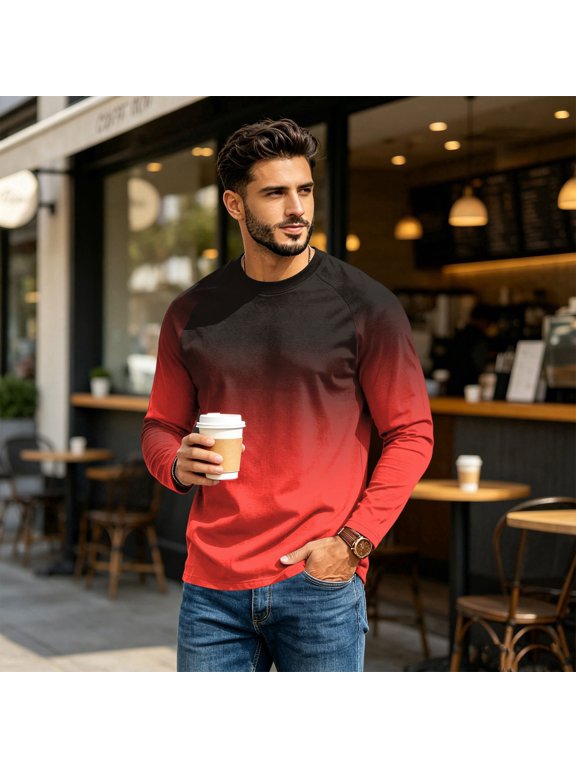 Men's Crewneck Long Sleeve T-Shirt Casual Cotton Jersey Fit Breathable Gradient Casual Sport Shirt Red S