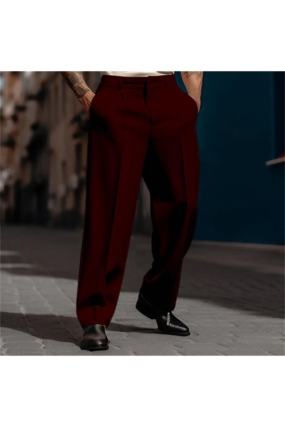 Men's Dress Pants Slim Fit Classic Elastic Waist Straight Leg Business Casual Trousers Wine M
