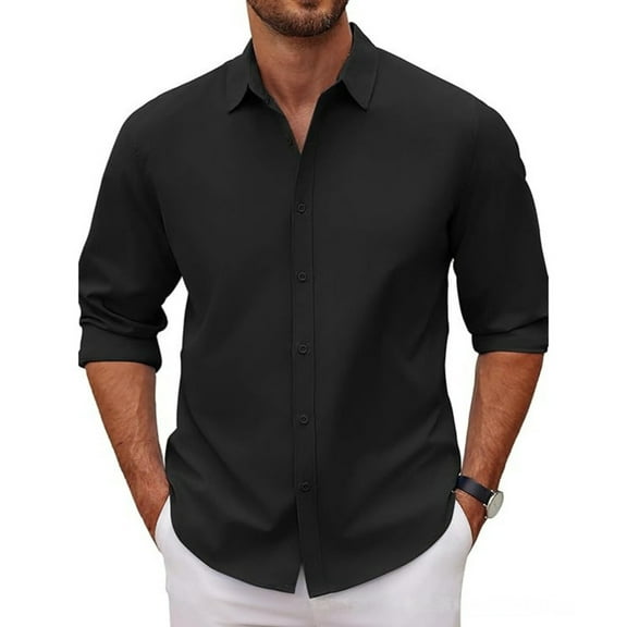 Dwellite Men's Fit Dress Shirt Solid Color Long Sleeve Casual Business Trendy Collared Button Up Shirts 2026 Black 2XL