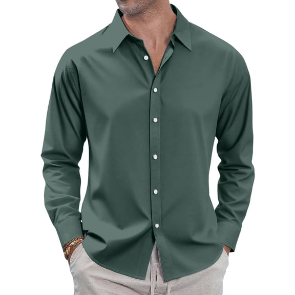 Dwellite Men's Fit Dress Shirt Solid Color Long Sleeve Casual Business Trendy Collared Button Up Shirts 2026 Dark Green 3XL