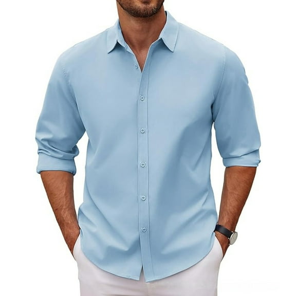 Dwellite Men's Fit Dress Shirt Solid Color Long Sleeve Casual Business Trendy Collared Button Up Shirts 2026 Light Blue#1 2XL