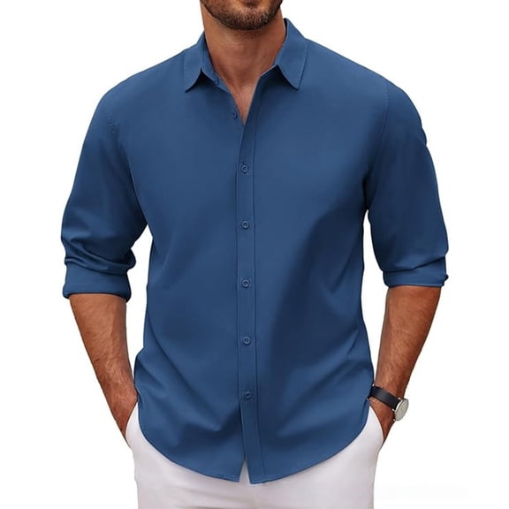 Dwellite Men's Fit Dress Shirt Solid Color Long Sleeve Casual Business Trendy Collared Button Up Shirts 2026 Navy 2XL