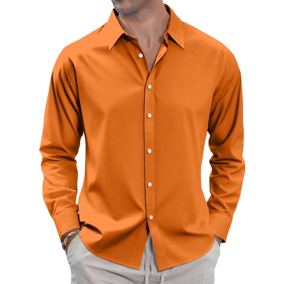 Dwellite Men's Fit Dress Shirt Solid Color Long Sleeve Casual Business Trendy Collared Button Up Shirts 2026 Saffron 2XL