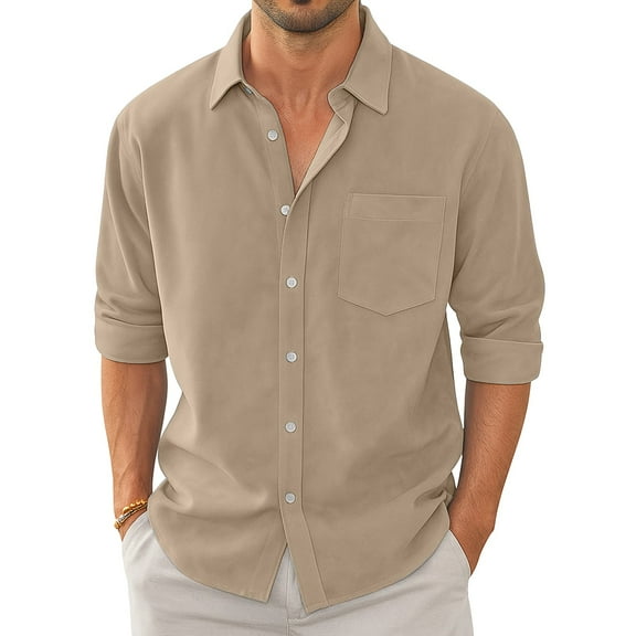Dwellite Men's Fit Dress Shirt Solid Color Long Sleeve Casual Business Trendy Collared Button Up Shirts with Pockets 2026 Khaki XL
