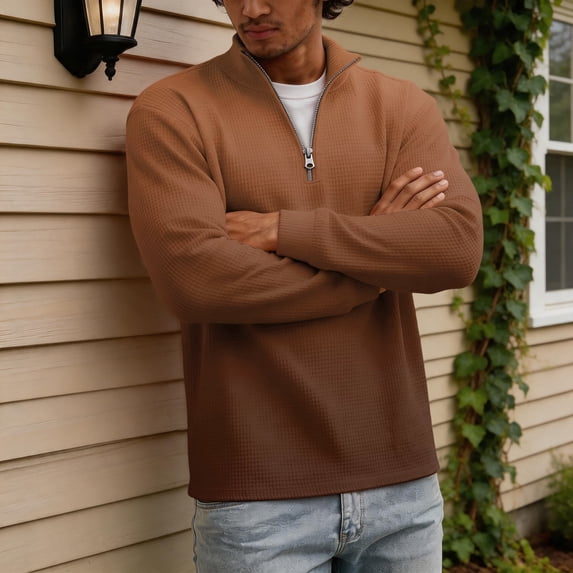 Dwellite Men's Fleece Quarter Zip Pullover Waffle Knit Sweater Casual Fall Winter Tops Warm Mock Neck Sweatshirts Brown 3XL