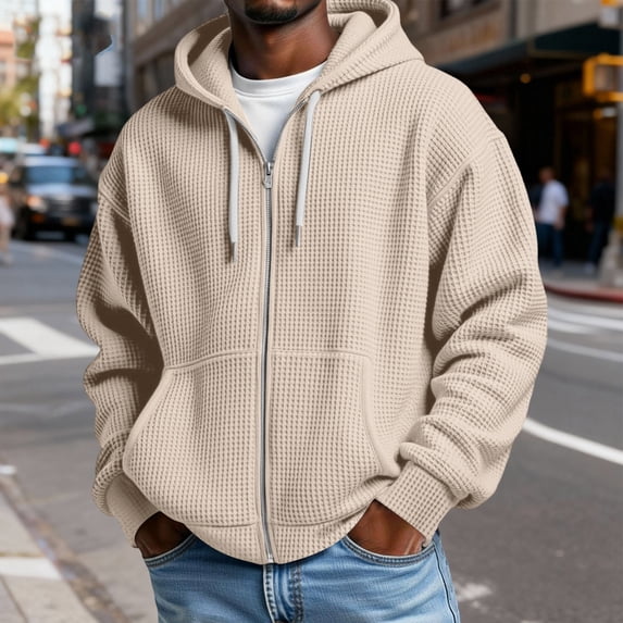 Dwellite Men's Hoodie Full Zip Waffle Casual Long Sleeve Hooded Sweatshirt with Pockets Beige 2XL