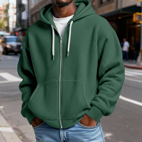 Dwellite Men's Hoodie Full Zip Waffle Casual Long Sleeve Hooded Sweatshirt with Pockets Green 2XL