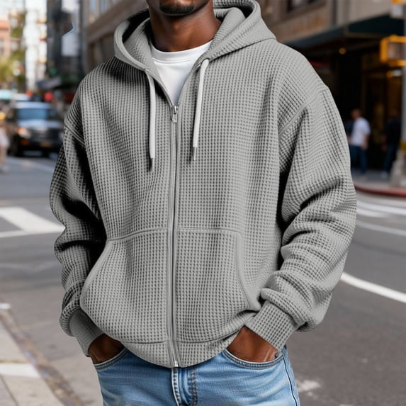 Dwellite Men's Hoodie Full Zip Waffle Casual Long Sleeve Hooded Sweatshirt with Pockets Light Gray M