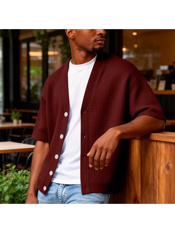 Men’s Knit Short Sleeve Cardigan Button Down Waffle V Neck Relaxed Fit Lightweight Casual Top Wine XL