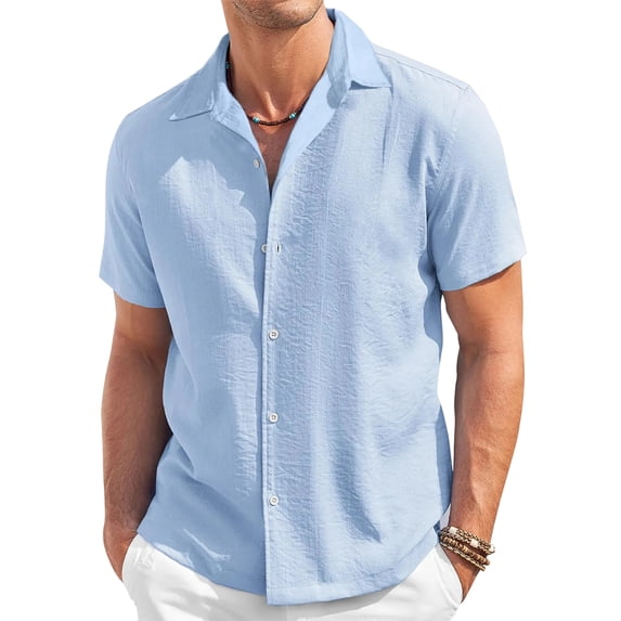 Dwellite Men's Linen Button Down Short Sleeve Shirt Casual Spring Summer Solid Color Beach Wedding Shirts 2026 Blue 2XL