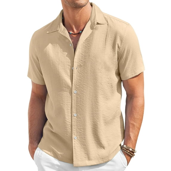 Dwellite Men's Linen Button Down Short Sleeve Shirt Casual Spring Summer Solid Color Beach Wedding Shirts 2026 Khaki L
