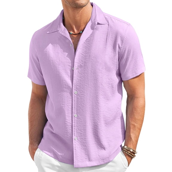 Dwellite Men's Linen Button Down Short Sleeve Shirt Casual Spring Summer Solid Color Beach Wedding Shirts 2026 Purple 2XL