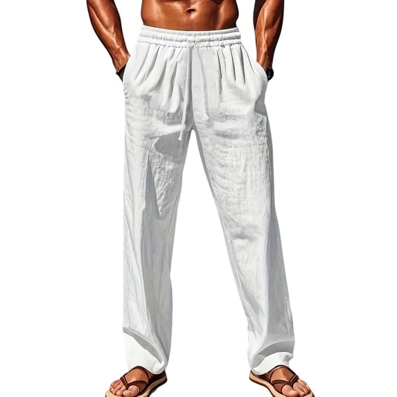 Dwellite Men's Linen Pants Beach Casual Summer Lightweight Elastic Waist Drawstring Pant with Deep Pockets White XL