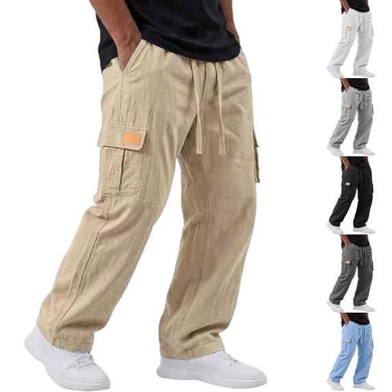 Dwellite Men's Linen Pants Casual Summer Beach Pants Lightweight Elastic Waist Drawstring Cargo Yoga Trousers with Pockets 2026 Gray M