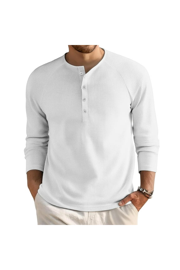 Men's Long Sleeve Button Down Shirts Henley Waffle Pullover Sweater Crewneck Basic Tops Lightweight Undershirts White XL