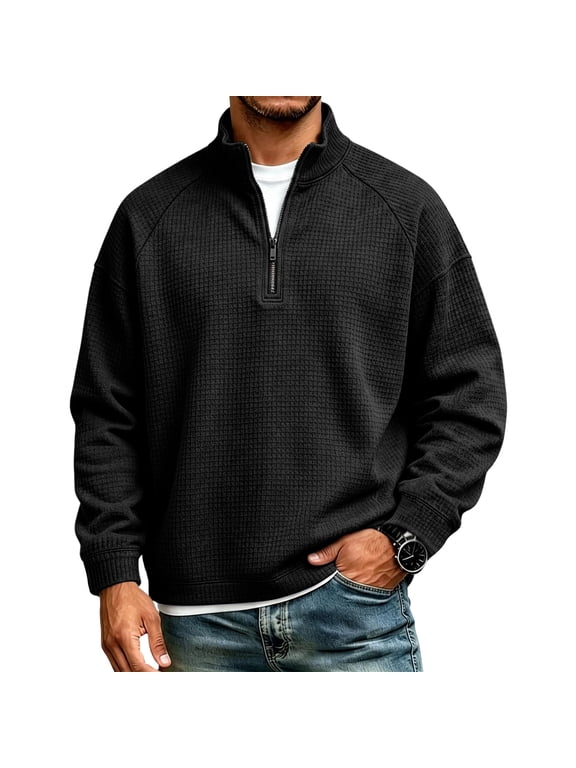 Men's Quarter Zip Sweatshirt Fall Casual Waffle Knit Loose Casual Stand Collar Long Sleeve Pullover Black L