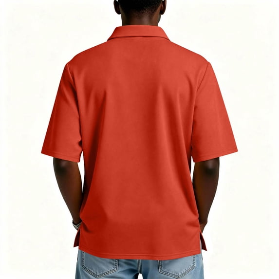 Dwellite Men's Short Sleeve Polo Shirt Casual Classic Collared Golf T-Shirts Solid Color Button Shirts Vermilion L