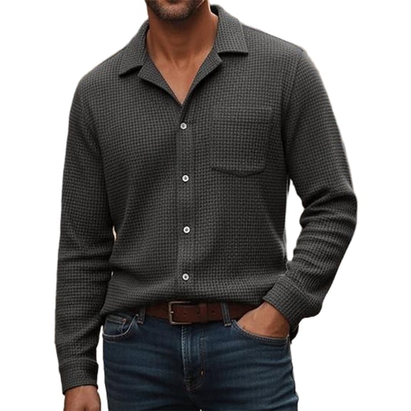 Dwellite Men's Waffle Button Down Shirt Casual Long Sleeve Shirts Trendy Solid Color Shirt with Pockets Black L
