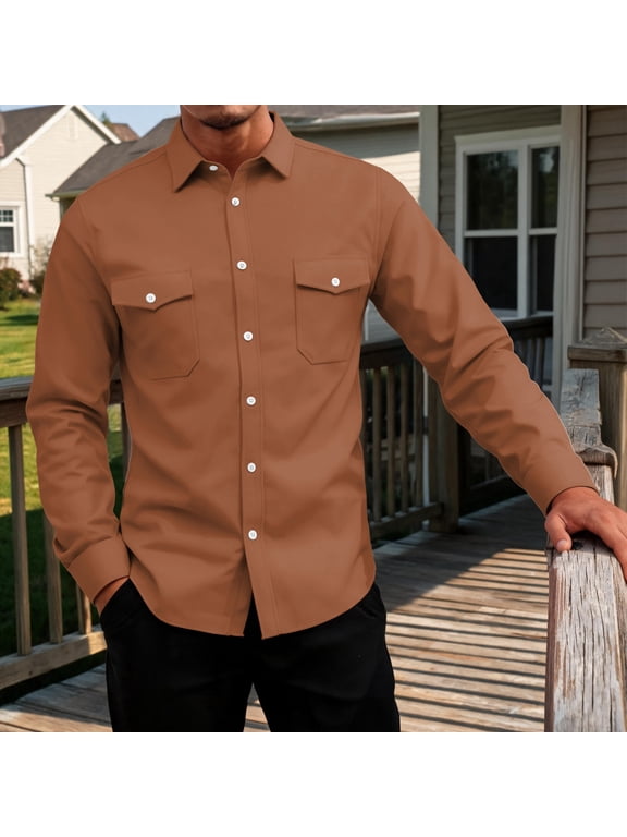 Mens Button Down Fishing Shirts Short and Long Sleeve Fall Winter Solid Color Shirt for Hiking Travel Outdoor Work Brown XL
