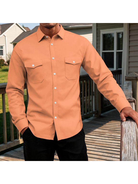 Mens Button Down Fishing Shirts Short and Long Sleeve Fall Winter Solid Color Shirt for Hiking Travel Outdoor Work Complexion L