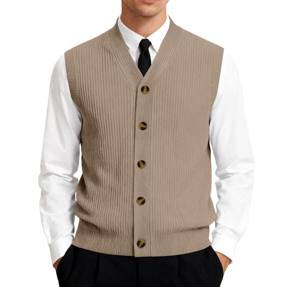 Dwellite Mens Button Up Sweater Vest V Neck Sleeveless Lightweight Knit Cardigan for Casual Business Golf Light Brown 5XL