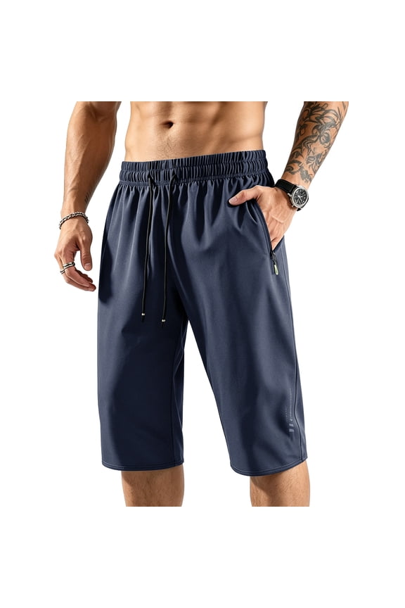 Mens Capri Pants 3/4 Joggers Gym Workout Below Knee Long Shorts Lightweight Hiking Capris with Zip Pockets Dark Blue 5XL