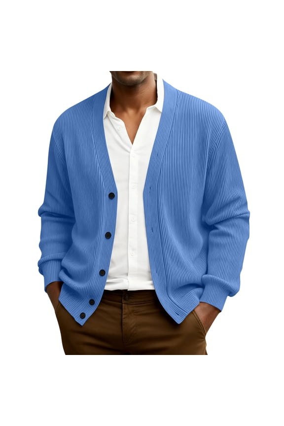 Mens Cardigan Sweater Casual Button Up Plus Size Cardigan Spring Long Sleeve Knitted Ribbed Knit Solid Sweater Blue 2XL