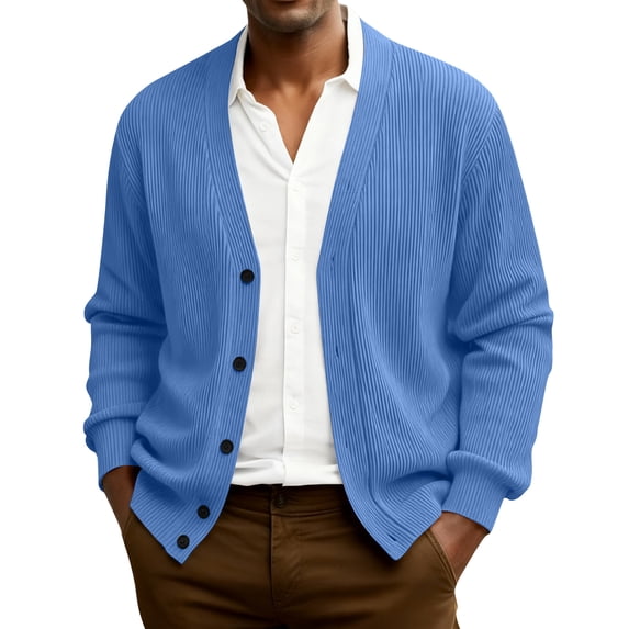 Dwellite Mens Cardigan Sweater Casual Button Up Plus Size Cardigan Spring Long Sleeve Knitted Ribbed Knit Solid Sweater Blue S