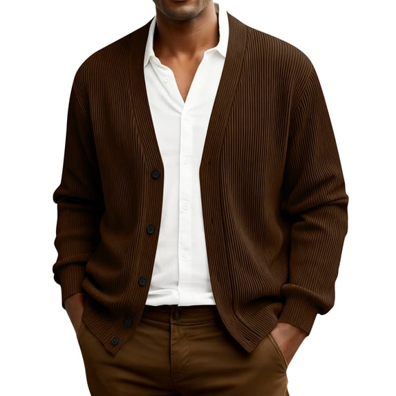 Dwellite Mens Cardigan Sweater Casual Button Up Plus Size Cardigan Spring Long Sleeve Knitted Ribbed Knit Solid Sweater Coffee 3XL
