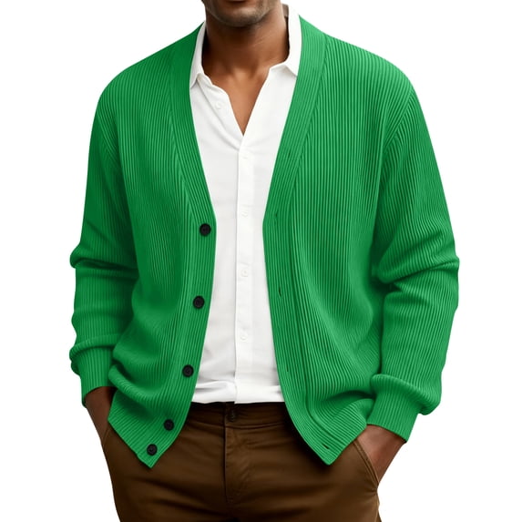 Dwellite Mens Cardigan Sweater Casual Button Up Plus Size Cardigan Spring Long Sleeve Knitted Ribbed Knit Solid Sweater Green S