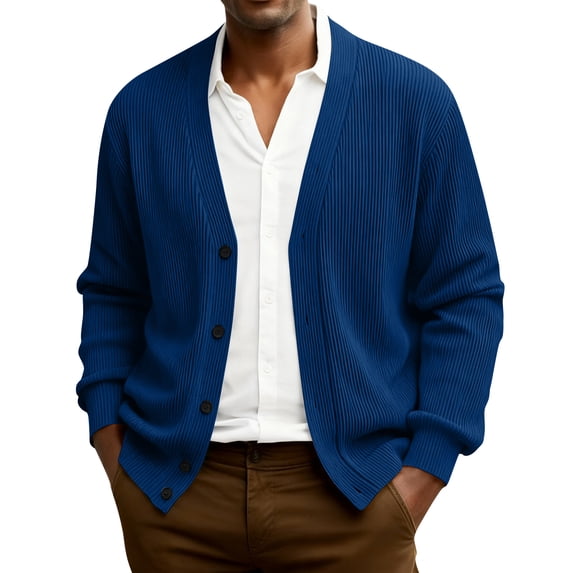 Dwellite Mens Cardigan Sweater Casual Button Up Plus Size Cardigan Spring Long Sleeve Knitted Ribbed Knit Solid Sweater Royal Blue 2XL