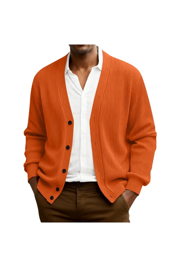 Mens Cardigan Sweater Casual Button Up Plus Size Cardigan Spring Long Sleeve Knitted Ribbed Knit Solid Sweater Saffron M