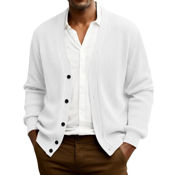 Dwellite Mens Cardigan Sweater Casual Button Up Plus Size Cardigan Spring Long Sleeve Knitted Ribbed Knit Solid Sweater White 4XL