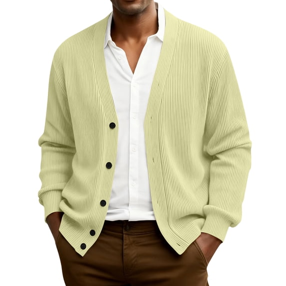 Dwellite Mens Cardigan Sweater Casual Button Up Plus Size Cardigan Spring Long Sleeve Knitted Ribbed Knit Solid Sweater Yellow M