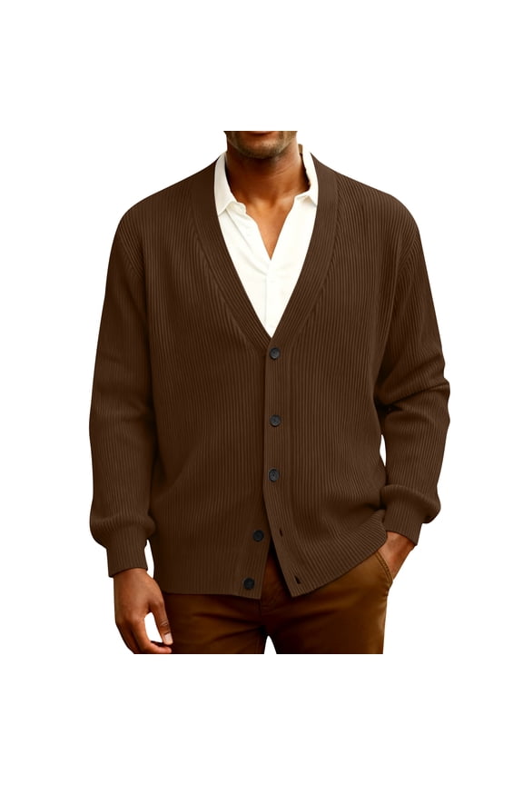 Mens Cardigan Sweater Loose Fit Button Up Plus Size Cardigan Spring Dressy Casual Long Sleeve Ribbed Knitted Sweater Brown 2XL
