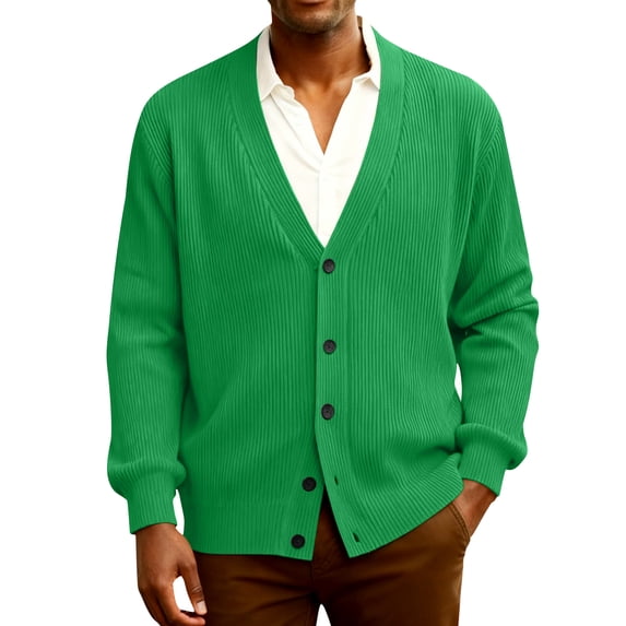 Dwellite Mens Cardigan Sweater Loose Fit Button Up Plus Size Cardigan Spring Dressy Casual Long Sleeve Ribbed Knitted Sweater Green L